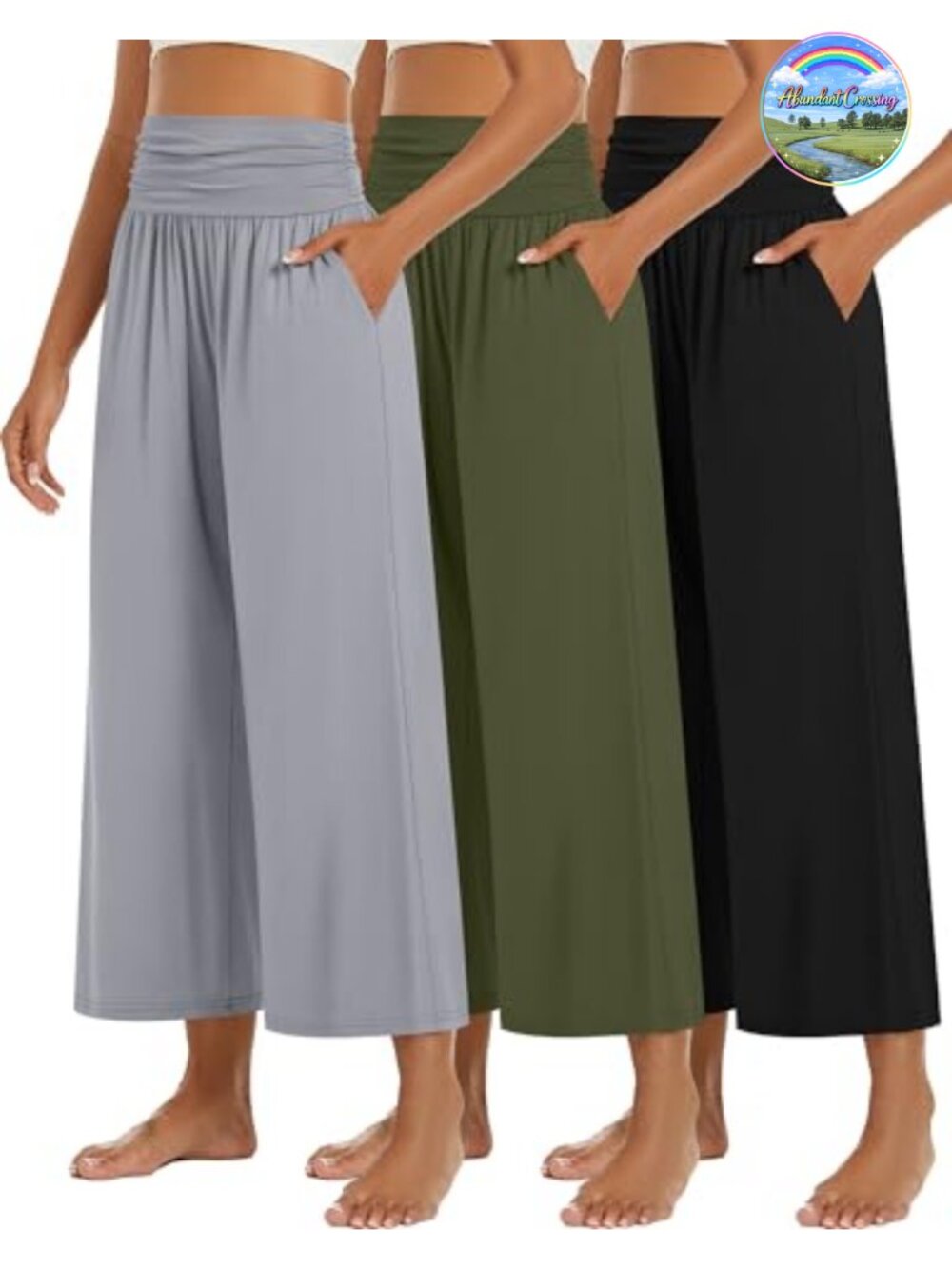 Women's Wide Leg Capri Pants Pleated High Waist 3 Pack Lounge Yoga Crop